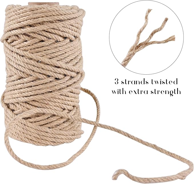 Natural Jute Twine 328ft 5mm,3Ply Twisted Thick Twine Rope Strong Jute String Roll for Crafts Gift Wrapping Gardening Home Decor Bundling Cat Scratching Post