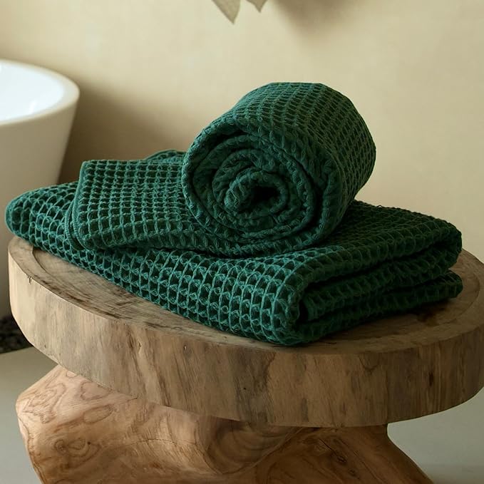 Luxury Japanese Cotton Waffle Bath Towel | Plush, Absorbent, and Quick Dry | Free Storage Bag Included (Forest Green, Bath Towel (2 Pack))