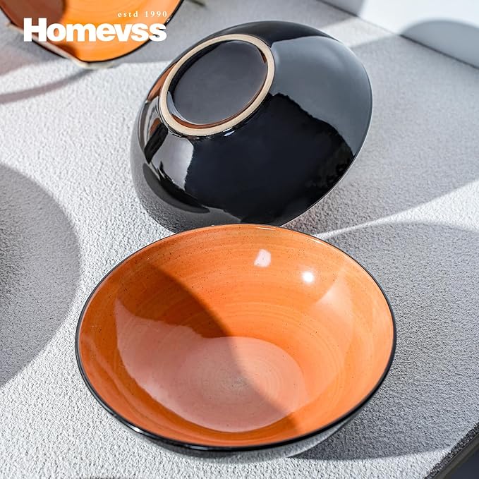 Sonoma 16 Piece Stoneware Dinner Set, Outside Black + Inside Handpainted Color Orange with speckle