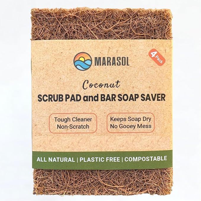 Marasol Soap Saver and Scrub Pad (4) | Coconut Fiber - Compostable | Plastic Free - Zero Waste | Bar Soap Holder | Tough Non-Scratch Scour Pad | Vegetable Brush | 4-Pack