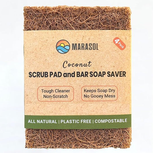 Marasol Soap Saver and Scrub Pad (4) | Coconut Fiber - Compostable | Plastic Free - Zero Waste | Bar Soap Holder | Tough Non-Scratch Scour Pad | Vegetable Brush | 4-Pack