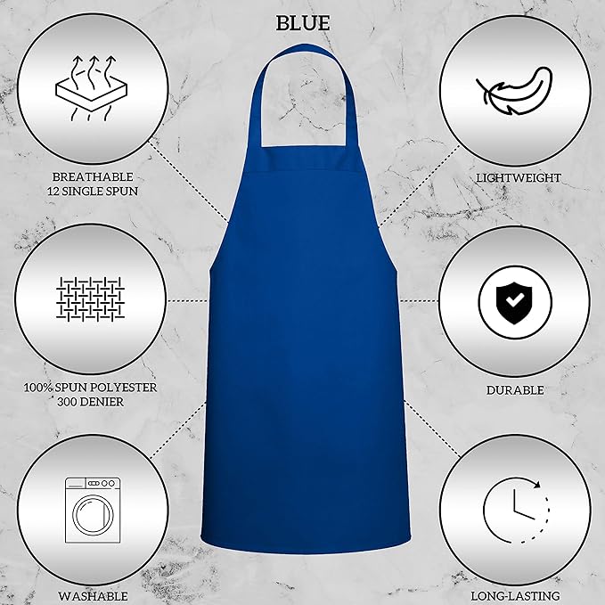 GREEN LIFESTYLE 12 Pack Professional Chef Apron – Grilling Aprons for Men, Waterproof Cooking Apron for BBQ, Work or Restaurant Use, Kitchen Aprons for Women – Royal Blue, No Pockets