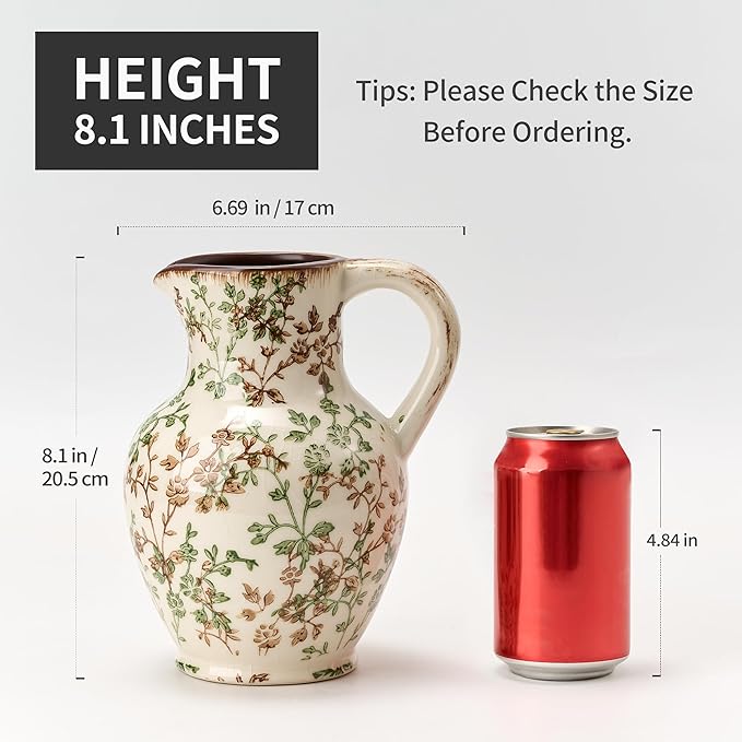 SIDUCAL Ceramic Vase with Handle, Vintage Vase, Chinoiserie Floral Vase for Home Decor, Table, Living Room, Shelf, Christmas Decoration (Green and Beige)