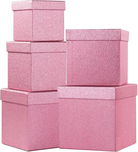 UNIQOOO 5Pcs Christmas Pink Glitter Gift Box Set w/Lid, Assorted Size, Rose Gold Square Nested Wedding Paper Box Tower Organizer for Party, Thanksgiving, Gift Wrap Packaging