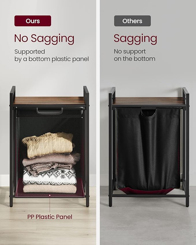 VASAGLE Laundry Hamper, Laundry Basket, Laundry Sorter with A Pull-Out and Removable Bag, Shelf, Metal Frame, 17.2 Gallons (65 L), 19.7 x 13 x 28.4 Inches, Black and Rustic Brown UBLH101B01