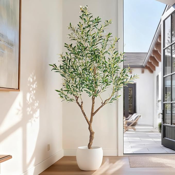 7ft Artificial Olive Tree Faux Olive Plant for Home Decor, Large Fake Olive Tree Modern Farmhouse Style, Floor Plant for Indoor Artificial Trees for Home Decor Indoor, Arbol de Olivo Artificial