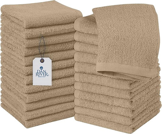 DAN RIVER 100% Cotton Wash Cloths 24 Pack [12x12] Soft & Absorbent Thin washcloths, Gym, Hotels & Spa Perfect for Everyday Use Fingertip Towels, Tan