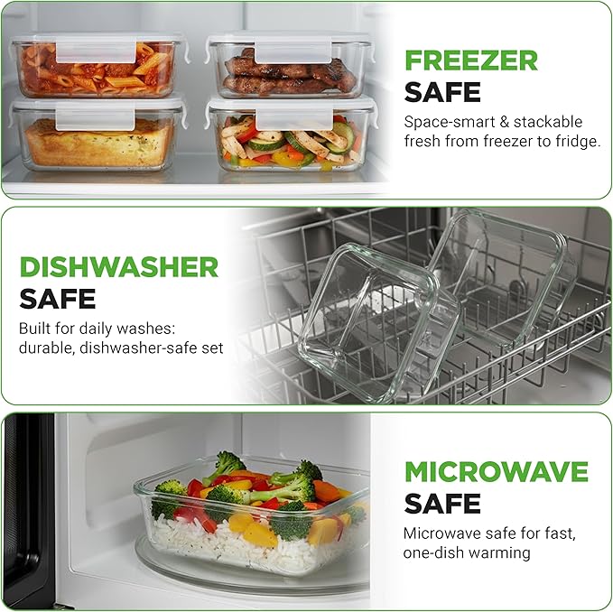 NutriChef 10-Piece Superior Glass Food Storage Containers Set (5 Containers + 5 Locking Lids),Stackable Meal-prep Design, BPA-free Airtight Clear Locking lids with Vent Lids & Air Hole, NCCLX5