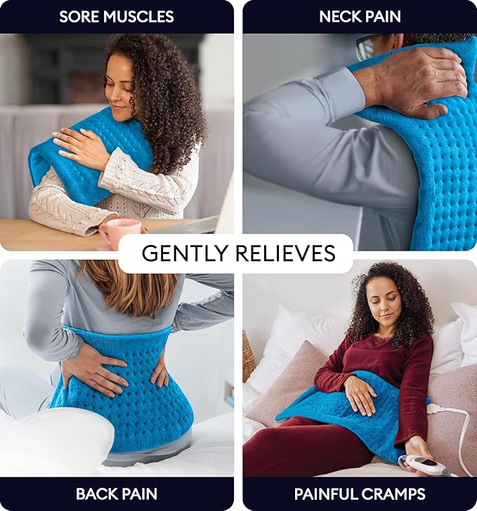 GENIANI Electric Throw - XL Heating Pad for Back Pain & Menstrual Pain Relief, Auto Shut Off, Machine Washable, Moist Heat Pad for Neck and Shoulder, Cramps Relief, 12'‘×24’’ (Aqua Blue)