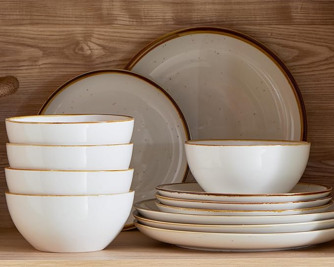 ONEMORE Plates and Bowls Set, Dinnerware Sets for 4, Porcelain Kitchen Dishes Set 12pcs, Scratch Resistant, Modern Aesthetic Dishware Sets- Microwave & Dishwasher Oven Safe,Farmhouse Style Cream White