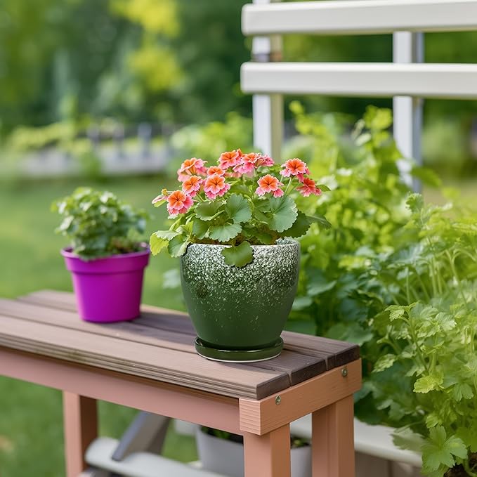 6 Inch Plant Pot - Ceramic Plant Pots with Drainage Hole and Saucer, Ceramic Planter for Indoor Outdoor Plants, Round Modern Planter, Room House Decor, Gifts for Women Men, Green