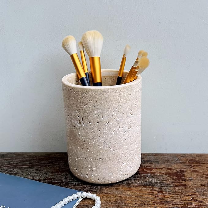 Handmand Natural Marble with Holes Stone Vintage Kitchen Utensil Holder - 5.1" D X 6.3" H Kitchen Counter Organizers and Storage Tool Crock (Beige Stone)