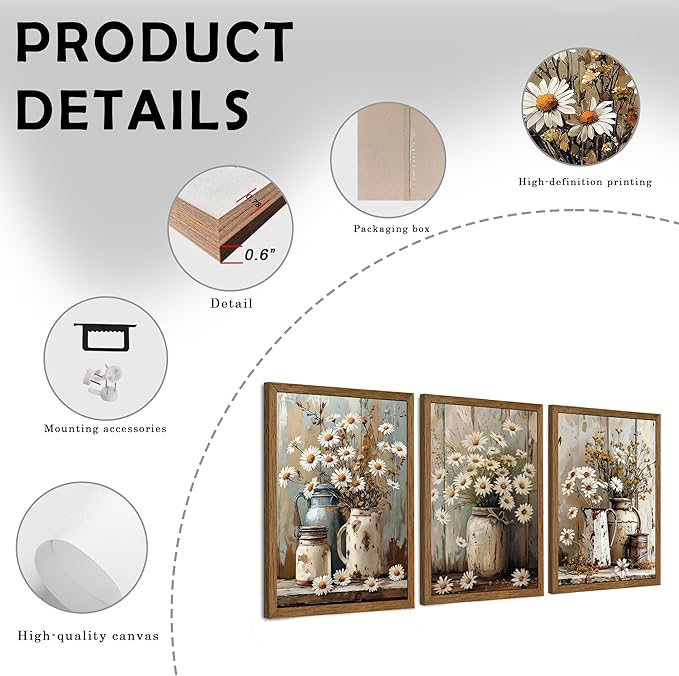InspiredHues 3 Piece Elegant Farmhouse Canvas Wall Art, Vintage Floral Pictures Wall Decor, Nature Themed Daisy Artwork Prints for Living Room Bedroom Kitchen Home Decoration 12x16 Inch Wood Framed