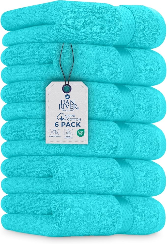 DAN RIVER 6-Pack Premium Hand Towels (16x28 Inches) - 100% Cotton, Ultra Soft, Lightweight, Highly Absorbent Towels for Bathroom, Spa, Gym, Salon, Hotel, and Travel - 550 GSM – Turquoise