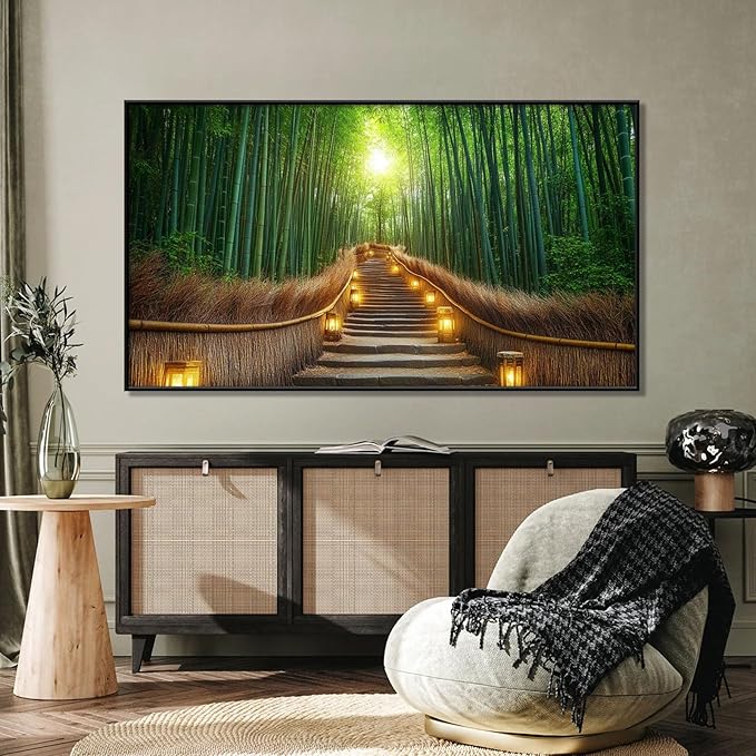 Bamboo Forest Canvas Wall Art, Kyoto Japan Bamboo Canvas Wall Art, Bamboo Forest Picture Prints, Nature Pictures Wall Decor Large, Home Decor, Canvas Wall Art for Bedroom, Living Room (Gold Framed, 48"x27"|122x68cm)