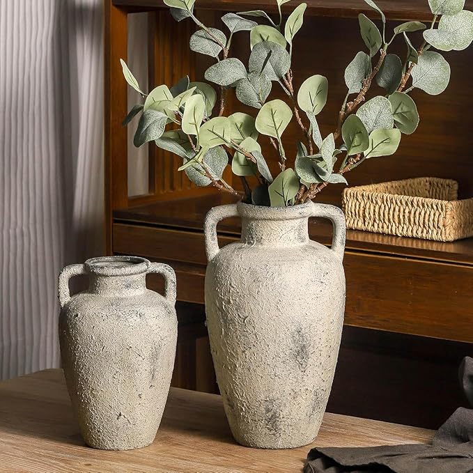 Rustic Vase for Flowers, Ceramic Christmas Terracotta Vase with Handles, 8.85 inch Tall Vintage Farmhouse Flower Vase for Home Decor, Wide Mouth, Living Room Shelf Decor, Enterway, Table