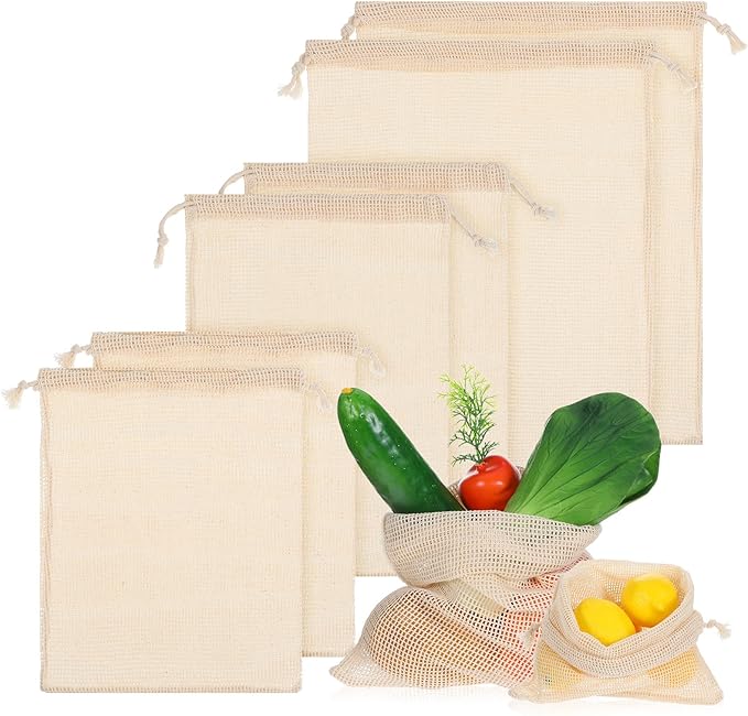 6 Packs Reusable Produce Bags, Cotton Mesh Produce Bags With Drawstring Mesh Storage Bag for Farmers Market Kitchen Vegetables Fruits Produces Storage Shopping