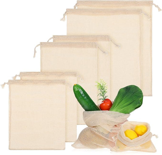 6 Packs Reusable Produce Bags, Cotton Mesh Produce Bags With Drawstring Mesh Storage Bag for Farmers Market Kitchen Vegetables Fruits Produces Storage Shopping