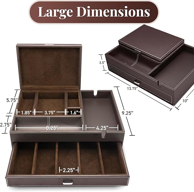 Mens Watch Box Leather Valet Tray - Bedside Table Organizer, Men's Jewelry Box, Watch Case for Men with Large Smartphone Charging Station - Jewelry Box for Men with Valet Box and Nightstand Organizer