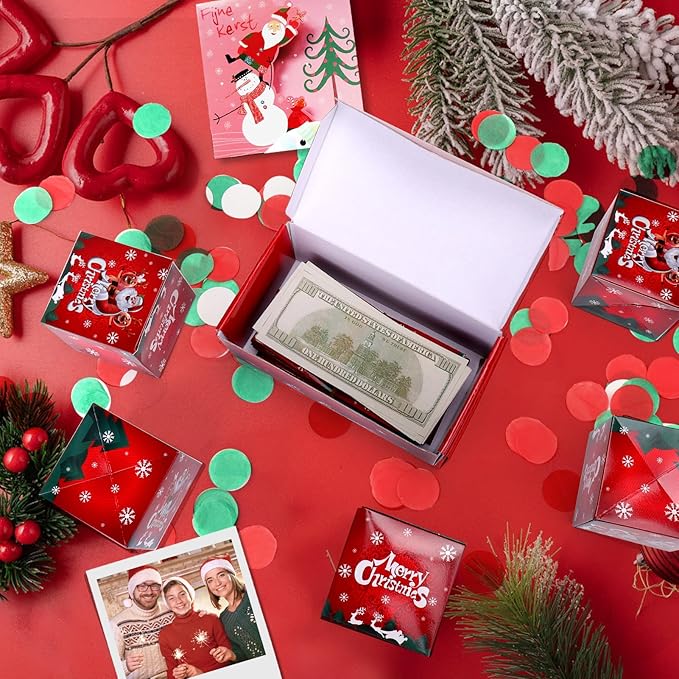 BABORUI Christmas Surprise Gift Box Explosion with Confetti, Seeroze Money Box for Cash Gift (Red Snowflake)