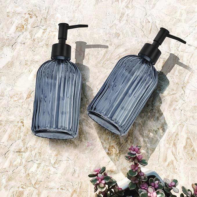 Glass Soap Dispenser with Plastic Pump, Hand Soap Dispenser for Hand Wash, Lotion Dispenser for Dishwashing Liquid, Lotion Shower Gel (Striped Blue Grey)