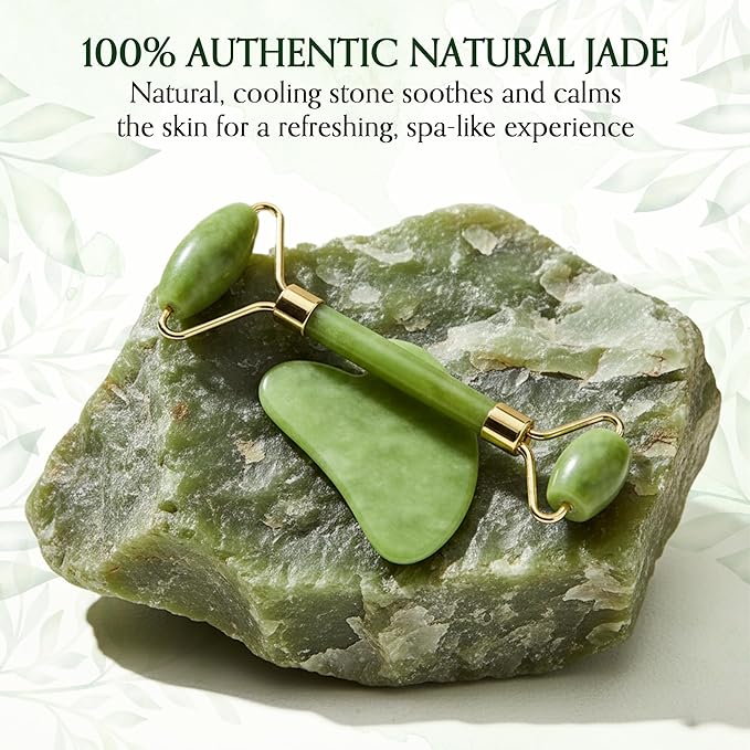 4-Piece Body Roller Jade & Authentic Jade Roller and Gua Sha Set for Face and Body Sculpting, Puffiness Reduction, Lymphatic Support, and Relaxing Spa Massage