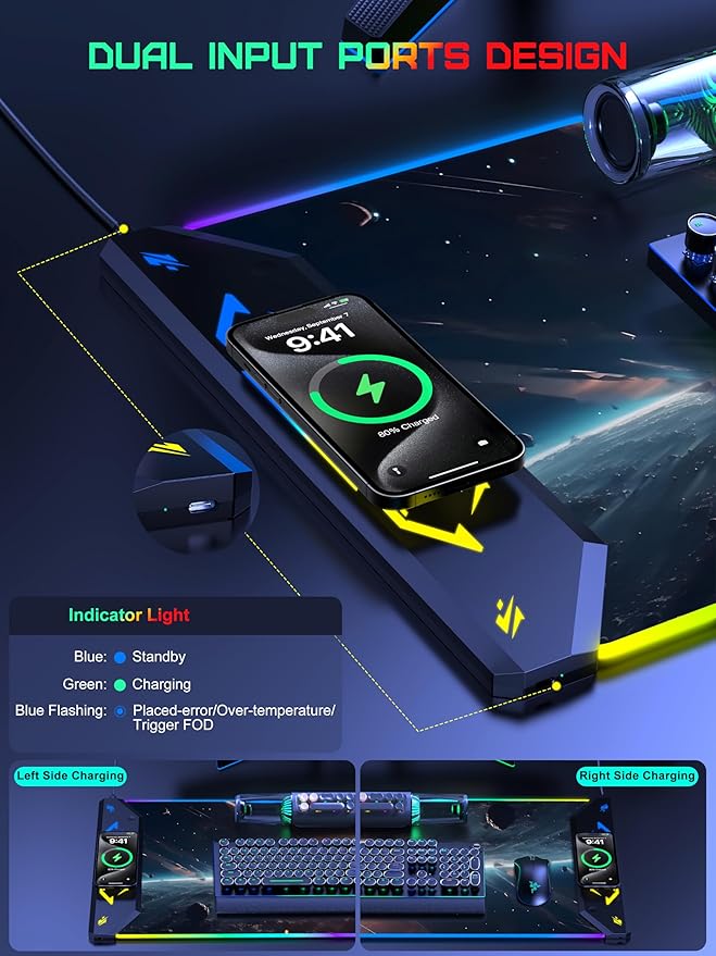TopMade Wireless Charging Mouse Pad, RGB Gaming Mousepad, 35.4" x 15.8" Extra Large Waterproof Keyboard Desk Pad, Computer Desk Mat, Cosmic Planet (Includes 20W PD Power Adapter & 6.56ft Woven Cable)
