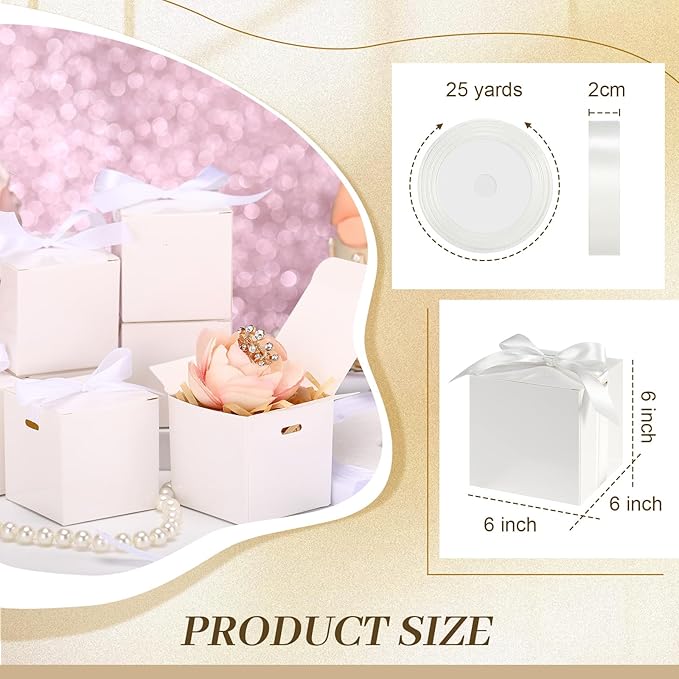 48 Pcs Christmas Gift Boxes with Ribbon Small Party Favor Boxes with Lids Mini Treat Candy Container for Wedding, Party, Birthday, Valentine's Day and More(White,6 Inch)