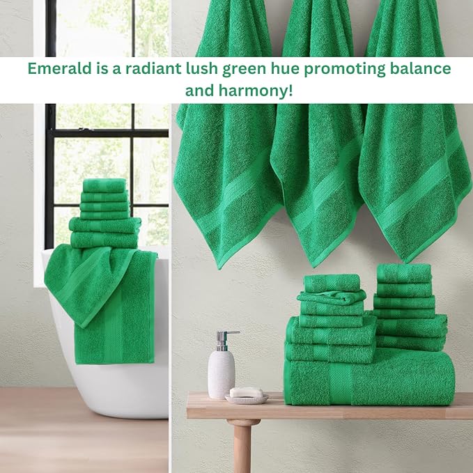 LANE LINEN 100% Mercerized Cotton Bathroom Towels Set - 24 Pc - Ringspun, Quick Dry, Soft & Absorbent - 2 Bath Sheets, 4 Bath Towels, 6 Hand Towels, 8 Washcloths, 4 Fingertip - Family Pack - Emerald