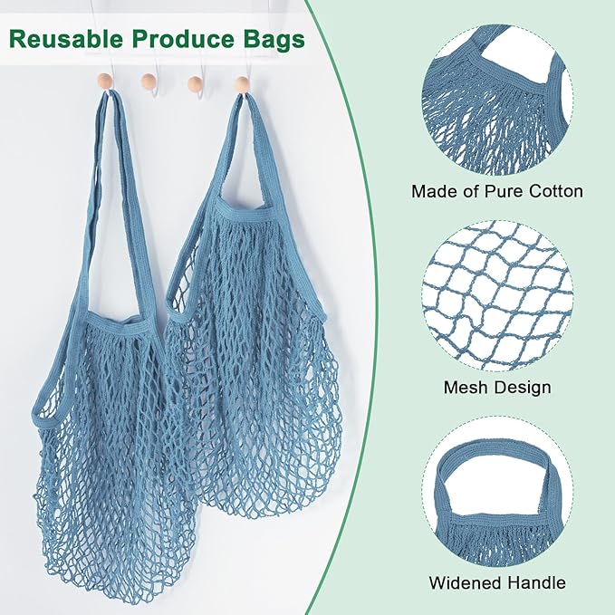 2-Pack Cotton Mesh Bag, Reusable Washable Mesh Net String Grocery Bags, Reusable Produce Bags with Handle, Net Tote Bag for Fruits Shopping [Gray-Blue, Long&Short Handle]