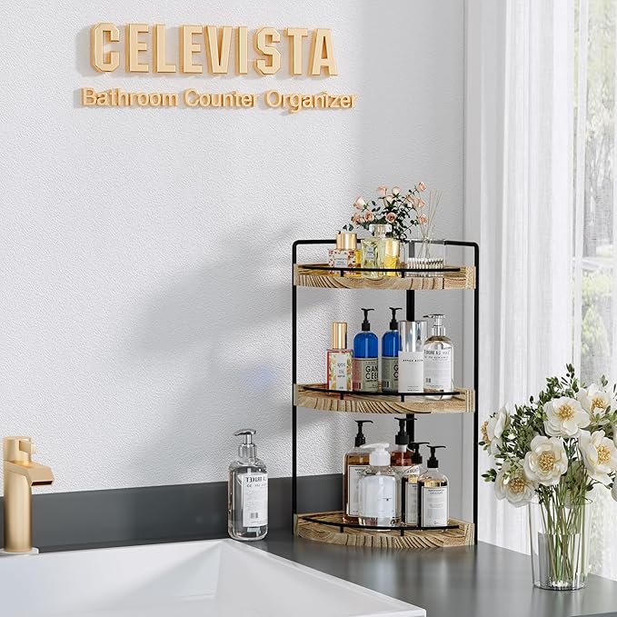 Corner Bathroom Counter Organizer, 3 Tier Bathroom Storage Countertop for Skincare, Sink Shelf for Kitchen Decor, Vanity, Dresser, Makeup, Gift(Rustic Brown)