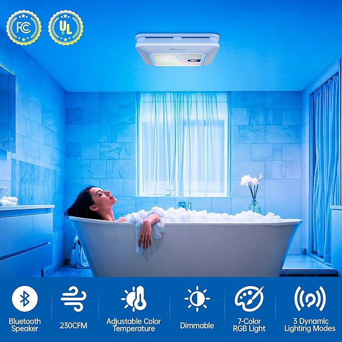 Bathroom Exhaust Fan with Bluetooth Speaker, 230 CFM 1.0 Sone Bathroom Exhaust Fan with Light, 3 Dynamic Light, 7 LED Color, 3 Color Temperatures, Nightlight,Remote, Easy Install