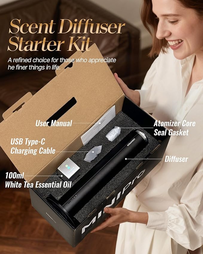 Waterless Diffuser for Home Large Room,Essential Oil Diffusers with 2000 Sq.Ft Coverage,Cordless Battery Operated Diffuser,Hotel Scent Diffusers Starter Kit for Bedroom/Office/Spa/App, Silver