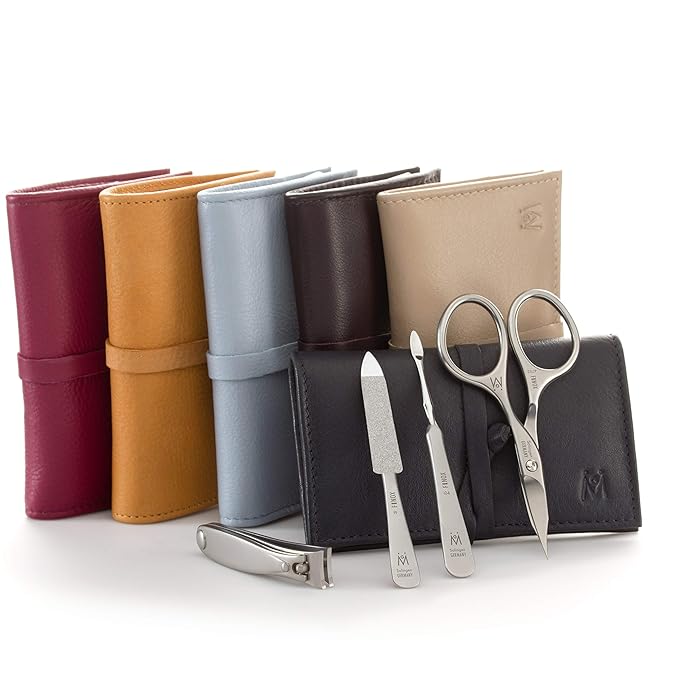 GERMANIKURE 4pc Manicure Set in Magenta Leather Case - Made in Solingen Germany, FINOX Stainless Steel Tools – Professional Quality Compact Nail Grooming Kit