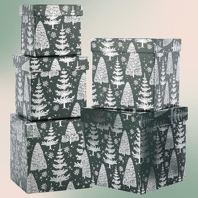 UNIQOOO 5Pcs Green Christmas Gift Box Set with Lid, Assorted Size, Square Silver Xmas Tree Nested Paper Keepsake Boxes, Card Box Tower Organizer Decor, Holiday, Thanksgiving, Party Gift Wrap Packaging