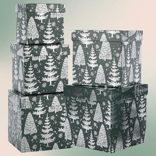 UNIQOOO 5Pcs Green Christmas Gift Box Set with Lid, Assorted Size, Square Silver Xmas Tree Nested Paper Keepsake Boxes, Card Box Tower Organizer Decor, Holiday, Thanksgiving, Party Gift Wrap Packaging