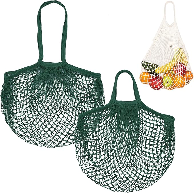 2-Pack Cotton Mesh Bag, Reusable Washable Mesh Net String Grocery Bags, Reusable Produce Bags with Handle, Net Tote Bag for Fruits Shopping [Dark Green, Long&Short Handle]