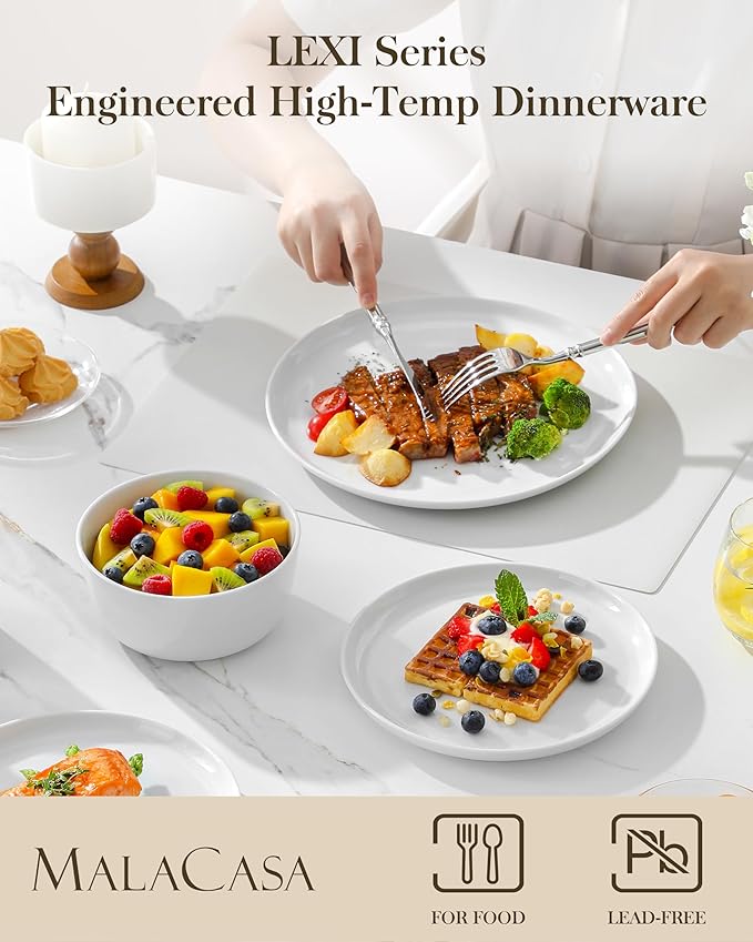 MALACASA 18 Pieces Gourmet Porcelain Dinnerware Sets, Premium Plates and Bowls Set, High-Fired Ceramic Dishes Set for 6, Chip & Scratch Resistant, Microwave Dishwasher Safe, White, Series LEXI