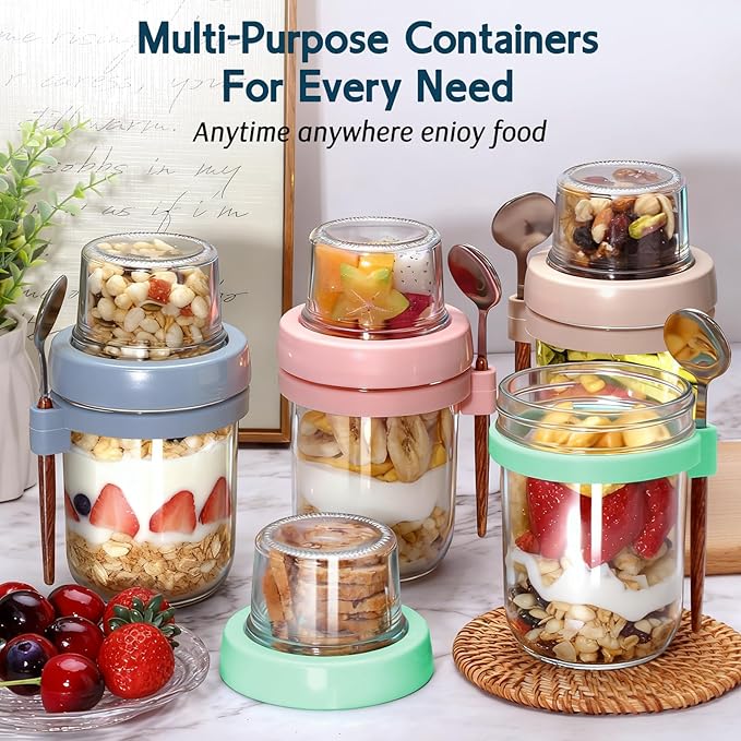 4 Pack Overnight Oats Containers with Lids, 20 oz (16+4) Dual-Layer Mason Jars Yogurt Parfait Cups with Lids, Leak-proof Meal Prep Containers Dry and Wet Separation for Overnight Oats, Salad, Yogurt