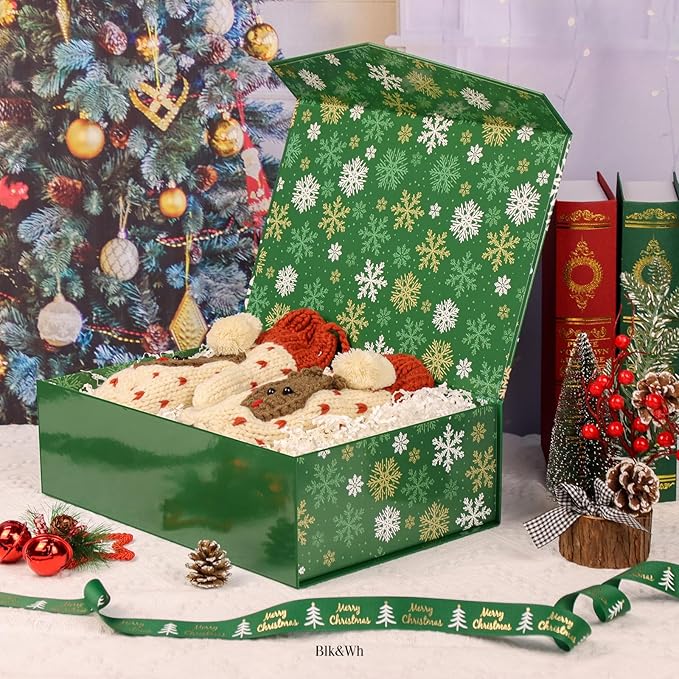 BLK&WH 6 Christmas Gift Boxes 13.5x9x4.1 Inches, Green Large Collapsible Gift Boxes with Magnetic Lids (Green, Snowflake)