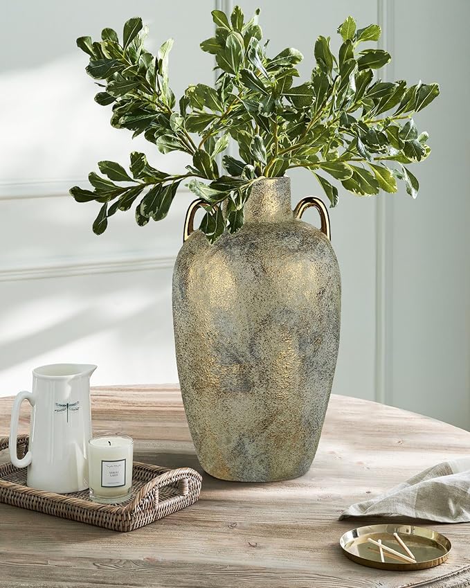 Large Ceramic Vase, 13.7" Tall Rustic Farmhouse Vase, Vintage Flower Vase with 2 Ears, Electroplated Terracotta Rustic Vases for Home, Living Room, Shelf, Mantel, Entryway, Wedding, Table Centerpiece