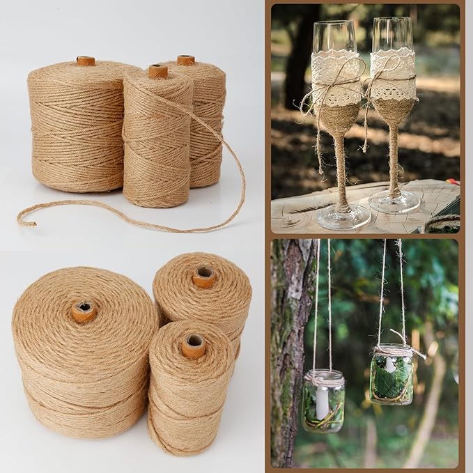 Natural 3mm Jute Twine String, 1000-FT Hemp Rope for Gardening, Handmde Crafts, Climbing Plant Tomato Support, Gift Wrapping, Industrial Packing and Bundling, Home Mason Jars Christmas Wedding Décor