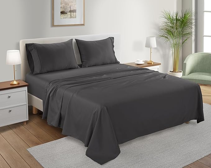 Organic Cotton Sheets Queen Sheet Set Deep Pocket,100% Cotton Bed Sheets Queen Size Set, No Pill Soft & Comfy Naturally Cool Breathable Elasticated Sheet & Pillowcase Sets- Charcoal