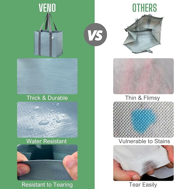 VENO 4 Pack Reusable Grocery Bags, Heavy-Duty Shopping Bags with Handles, Bags for Shopping Cart with Hard Bottom to Stand Upright, Foldable, Multi-Purpose(Light Blue, 4 Pack)