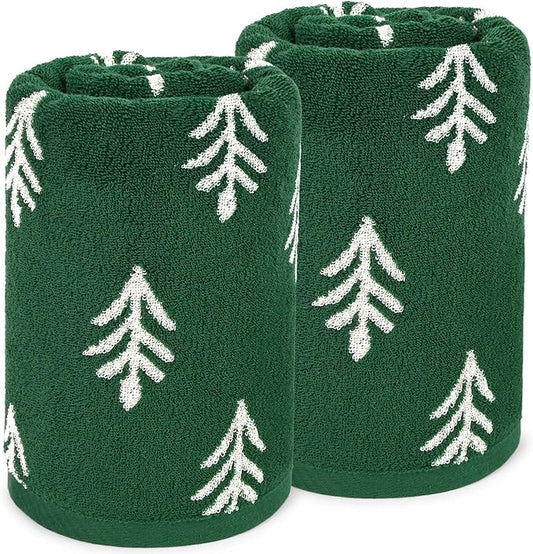 Jacquotha Christmas Bath Towels Set of 2, Cotton, Green Decorative Towels for Holiday Bathroom Decor & Everyday Use, Double-Sided Tree Pattern