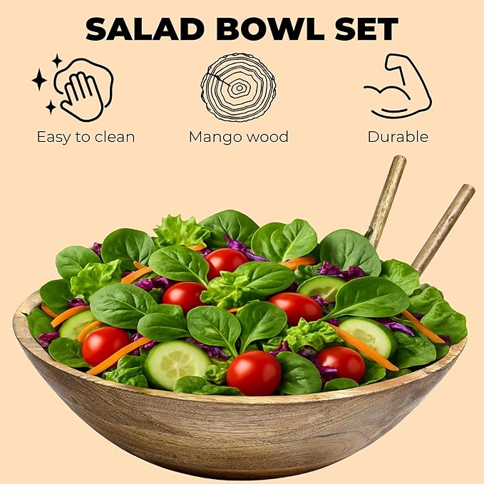 Large Wooden Salad Bowl 11.5 Inches with Serving Utensils | Mango Wood Bowl Set for Serving | Large Wood Salad Bowl for Family Meals, Pasta, Popcorn | Handcrafted Wooden Serving Bowl