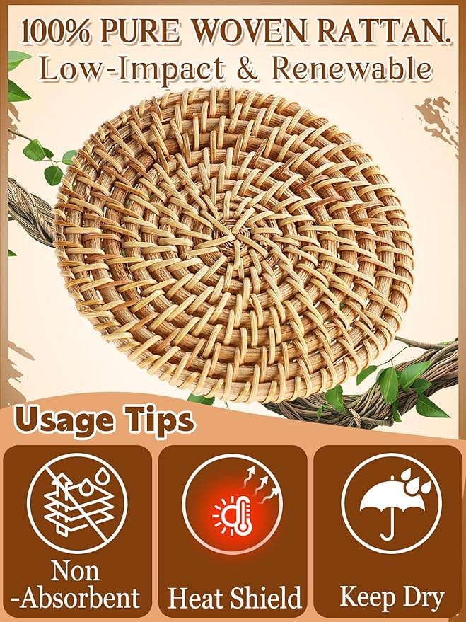 6pcs Natural Handmade Rattan Coasters with Holder - Wicker Drink Coasters Set for Protecting Table, Housewarming Gifts Boho Fall Home Decor