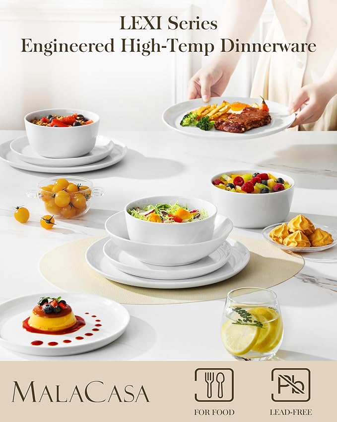 MALACASA 24 Pieces Gourmet Porcelain Dinnerware Sets, Premium Plates and Bowls Set, High-Fired Ceramic Dishes Set for 6, Chip & Scratch Resistant, Microwave Dishwasher Safe, White, Series LEXI