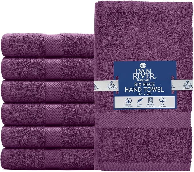 DAN RIVER 6-Pack Premium Hand Towels (16x28 Inches) - 100% Cotton, Ultra Soft, Lightweight, Highly Absorbent Towels for Bathroom, Spa, Gym, Salon, Hotel, and Travel - 550 GSM – Purple Passion