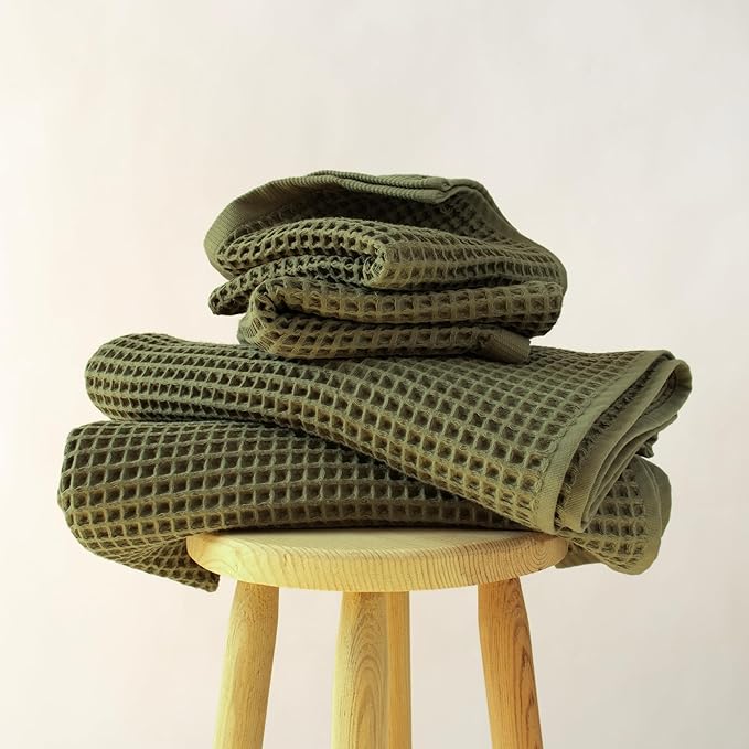 PÜSKÜL - Premium Waffle Towel Set 4 Pieces Khakie Green - Organic 100% Turkish Cotton Quick-Dry Towels for Bathroom Made in Turkiye (Khaki Green, Towel Set - 2 Hand & 2 Bath Towels)
